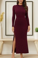 Kadın Uzun Kollu Bisiklet Yaka Taşlı Midi Kadife Elbise - Görsel 3